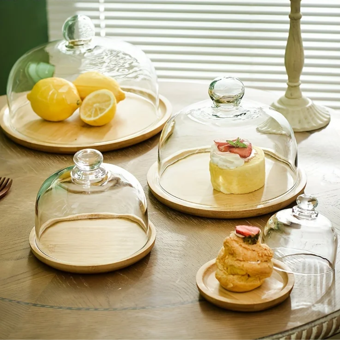 Bambus Tortenständer mit Glashaube - Staubfrei & Elegant