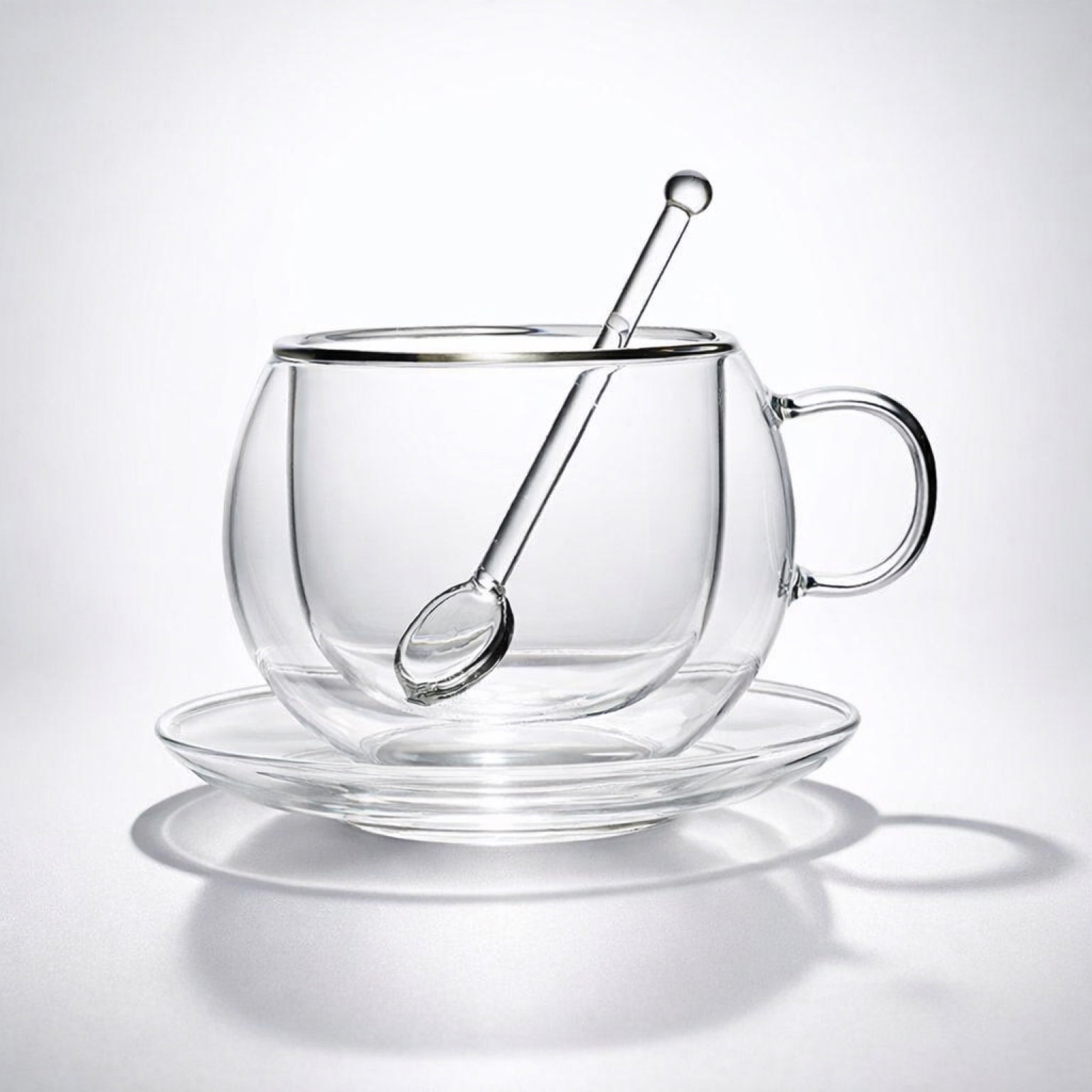 Doppelwandige Glastasse mit Untertasse & Löffel – Thermoglas Set